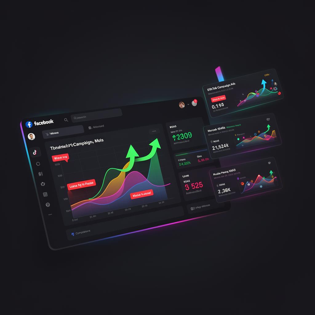 Dashboard de AdScale AI analizando anuncios con scoring 0-100 y acciones recomendadas